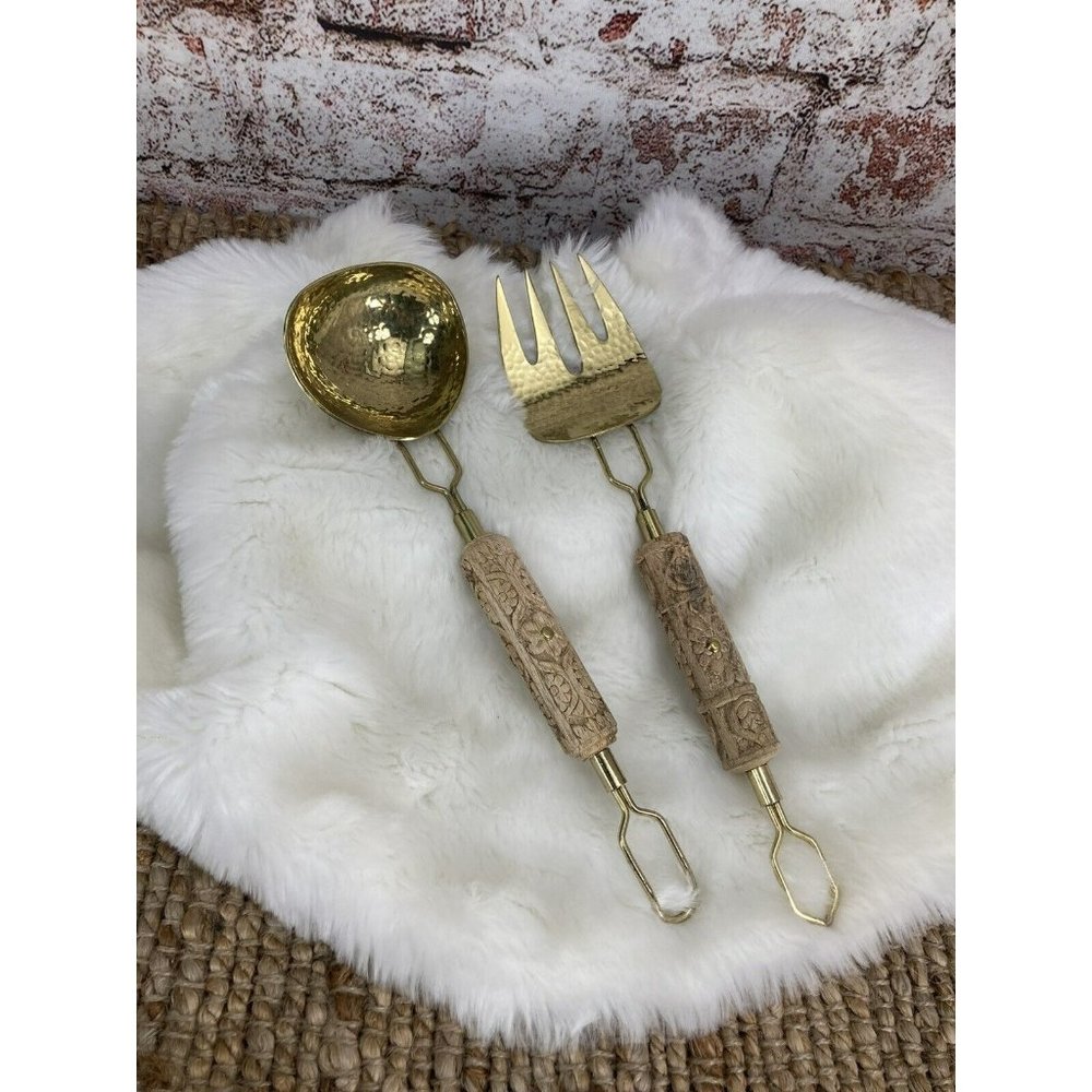 Hammered Brass and Carved Wood Salad Server Set Spoon & Fork